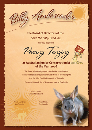 Save the Bilby Fund Certificate